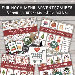 May include: Christmas-themed products are displayed, including Advent calendars, game bundles, counting cards, and winter puzzles. The products feature festive illustrations and text in German, with a shopping cart icon.