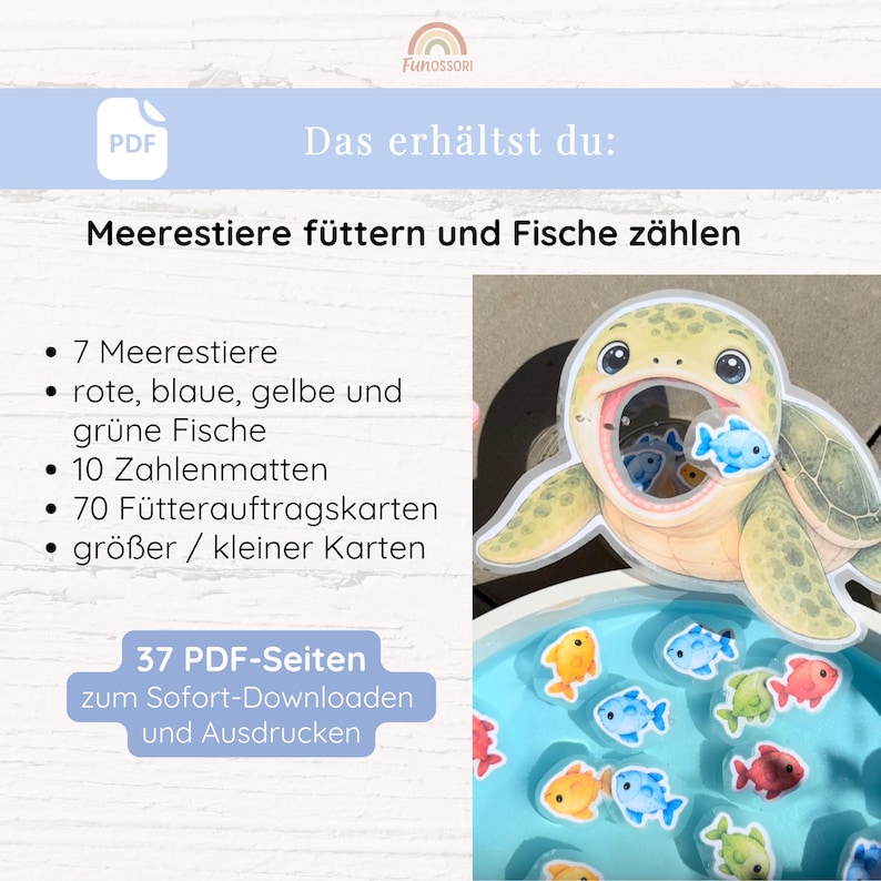 May include: A digital educational activity set featuring a sea turtle illustration with an open mouth, colorful fish cutouts in red, blue, yellow, and green, and text in German detailing 7 sea animals, 10 number mats, and 70 feeding task cards.
