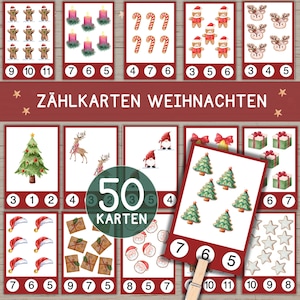 May include: A set of 50 Christmas-themed counting cards featuring various holiday images, such as gingerbread men, candles, candy canes, reindeer, Santa Claus, Christmas trees, presents, and stars. The cards are designed for children to learn to count and are labelled with numbers from 1 to 11.
