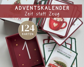 May include: An Advent calendar card set featuring a box and 124 cards with festive illustrations. The cards display text including "ADVENTSKALENDER Zeit statt Zeug," "124 KARTEN," and "WIR BESORGEN EINEN WEIHNACHTSBAUM," alongside images of a red mug and a car.