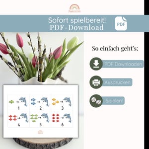 May include: A printable PDF game sheet featuring six rectangular sections, each displaying a specific number of small fish icons pointing toward a single dolphin illustration, numbered one through six, with instructional text in German.