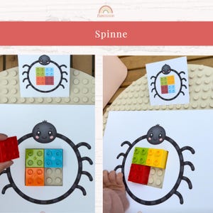 May include: Educational activity featuring a spider graphic with a square grid for color matching. The image shows colorful building blocks being placed within the grid. The word "Spinne" is displayed at the top.