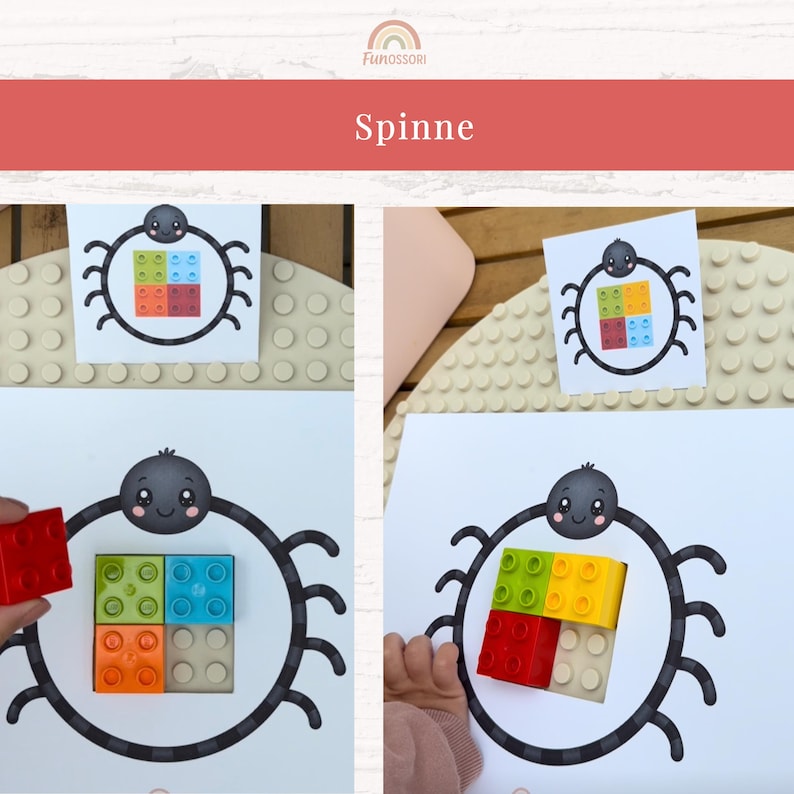 May include: Educational activity featuring a spider graphic with a square grid for color matching. The image shows colorful building blocks being placed within the grid. The word "Spinne" is displayed at the top.