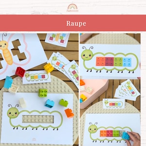 May include: A collection of educational materials featuring a caterpillar theme. Includes printed cards with caterpillar illustrations and spaces for colorful building blocks. The word "Raupe" is displayed in a red banner. Various colored building blocks are scattered around the cards.