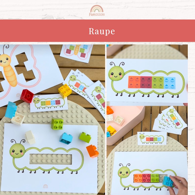 May include: A collection of educational materials featuring a caterpillar theme. Includes printed cards with caterpillar illustrations and spaces for colorful building blocks. The word "Raupe" is displayed in a red banner. Various colored building blocks are scattered around the cards.