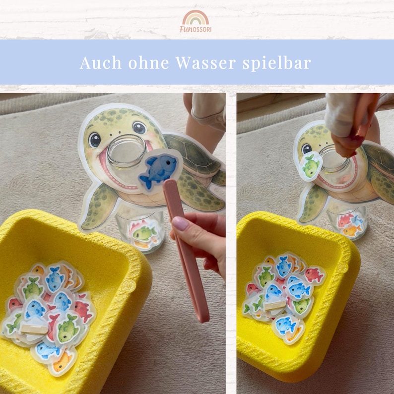 May include: A turtle-shaped cutout with a circular opening for a mouth, a yellow square bowl filled with small colorful fish-shaped tokens, and a pair of pink plastic tweezers. The text "Auch ohne Wasser spielbar" is visible at the top.