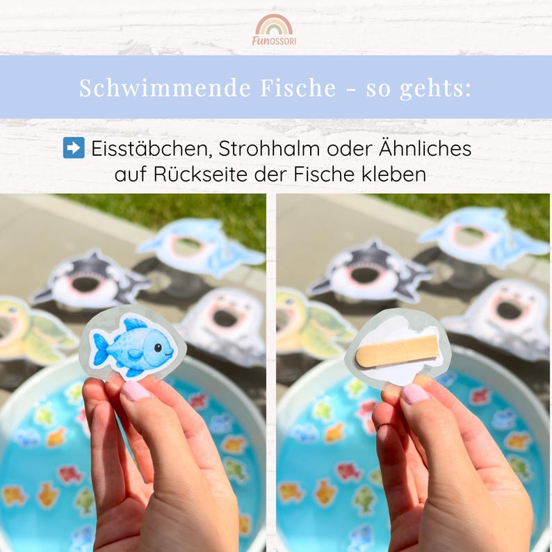May include: A craft activity set featuring printed paper fish cutouts and a wooden stick. The text reads: Schwimmende Fische - so gehts: Eisst&auml;bchen, Strohhalm oder &Auml;hnliches auf R&uuml;ckseite der Fische kleben. The fish are blue, yellow, and black.