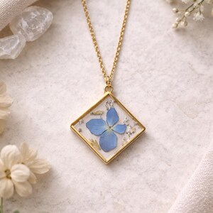 Real Pressed Hydrangea Diamond Pendant Necklace, Blue Botanical Resin Jewelry