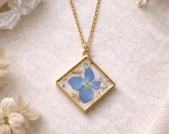 Real Pressed Hydrangea Diamond Pendant Necklace, Blue Botanical Resin Jewelry
