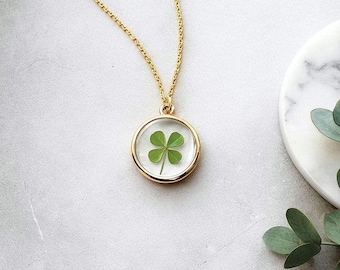 Real Four Leaf Clover Necklace, Preserved Resin Pendant, Lucky Shamrock Jewelry