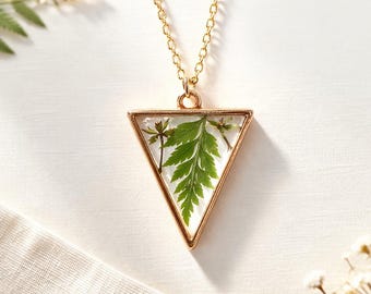 Real Fern Triangle Pendant Necklace, Botanical Resin Jewelry, Gold-Tone Chain
