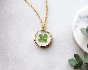 Real Four Leaf Clover Necklace, Lucky Clover Pendant, Pressed Flower Resin Jewelry, Nature Necklace Gift for Her, Good Luck Charm