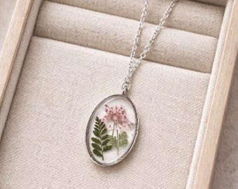Real Pressed Flower Necklace, Botanical Resin Pendant, Gold or Silver Floral Keepsake Gift