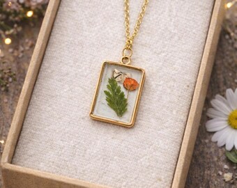 Pressed Fern and Wildflower Resin Necklace, Gold Rectangle Botanical Pendant