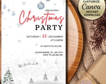 Pastel Christmas Party Invitation Template: Silver Blue Sparkle (Digital Download)