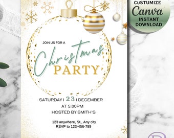 Elegant Christmas Party Invitation: Earth Green and Gold (Canva Digital Download)