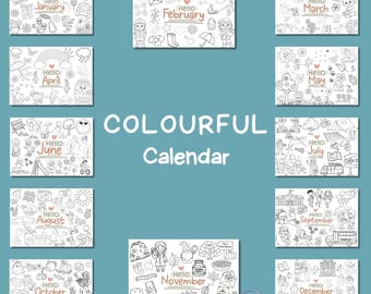 Kids' Coloring Calendar: Monthly Activity Pages (Instant Download)
