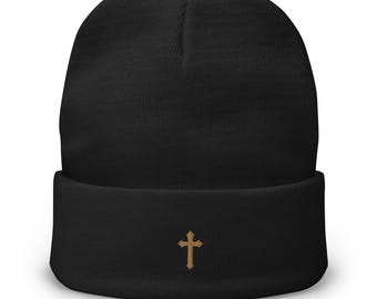 Embroidered Cross Beanie: Minimalist Cotton Blend Unisex Hat