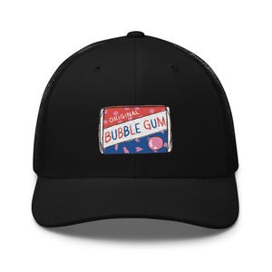 May include: Black mesh trucker hat with a red, white, and blue embroidered patch that says "ORIGINAL BUBBLE GUM" with a pink bubble gum inside.