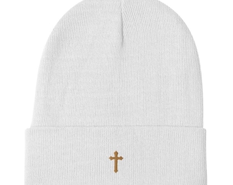 Embroidered Cross Beanie: Minimalist Unisex Cotton Blend Hat