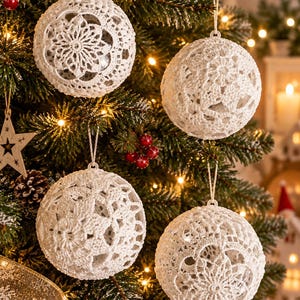 May include: Four spherical Christmas ornaments featuring intricate white crochet lace patterns. Each round ornament is suspended by a thin string and displays a unique, detailed floral-inspired needlework design covering the entire surface.