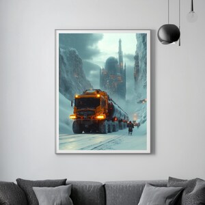 Affiche murale ultra réaliste de science-fiction, paysage d'hiver, transport lourd, laminé mat, carton de 200 grammes