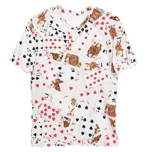 Karty do gry na całej powierzchni nadrukowane dla mężczyzn | Koszulka z pokerem nocnym | Odzież w tematyce kasyna | Unikalna koszulka z grafiką do gry w karty T-shirt