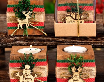 Personalized Wooden Christmas Tealight Holder, Rustic Holiday Decor, Engraved Candle Holder Gift