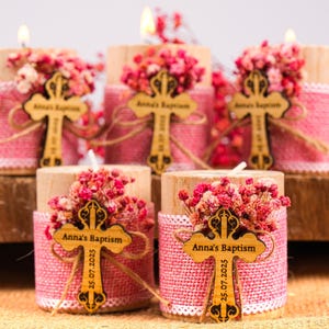 Personalized Baptism Favors – Wooden Candle Holder with Cross, Rustic Tealight –Baby Shower, Christening, First Communion, Confirmation Gift