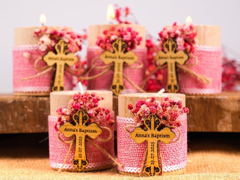 Personalized Baptism Favors – Wooden Candle Holder with Cross, Rustic Tealight –Baby Shower, Christening, First Communion, Confirmation Gift