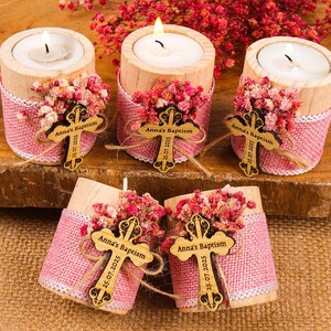 Personalized Baptism Favors – Wooden Candle Holder with Cross, Rustic Tealight –Baby Shower, Christening, First Communion, Confirmation Gift