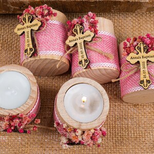 Personalized Baptism Favors – Wooden Candle Holder with Cross, Rustic Tealight –Baby Shower, Christening, First Communion, Confirmation Gift