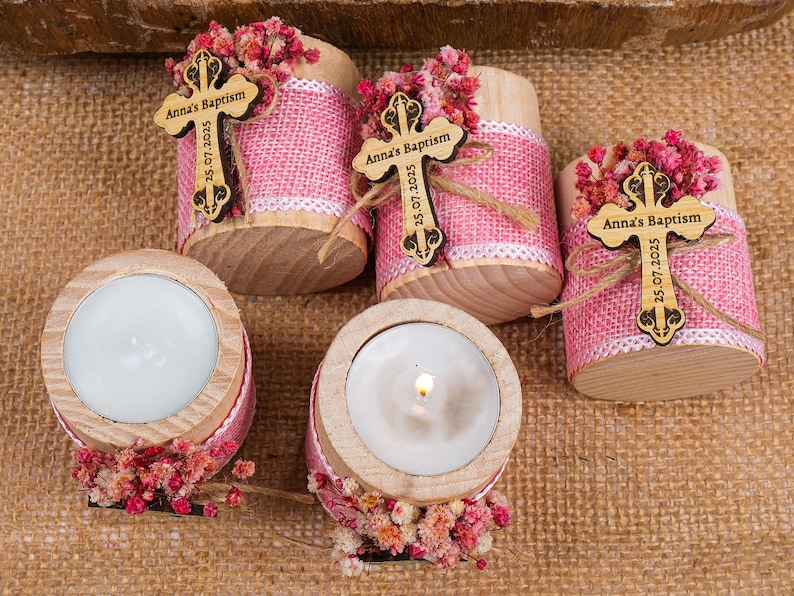 Personalized Baptism Favors – Wooden Candle Holder with Cross, Rustic Tealight –Baby Shower, Christening, First Communion, Confirmation Gift