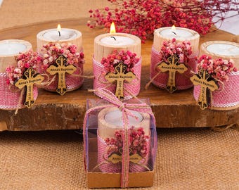 Personalized Baptism Favors – Wooden Candle Holder with Cross, Rustic Tealight –Baby Shower, Christening, First Communion, Confirmation Gift