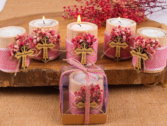Personalized Baptism Favors – Wooden Candle Holder with Cross, Rustic Tealight –Baby Shower, Christening, First Communion, Confirmation Gift
