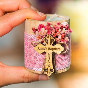 Personalized Baptism Favors – Wooden Candle Holder with Cross, Rustic Tealight –Baby Shower, Christening, First Communion, Confirmation Gift