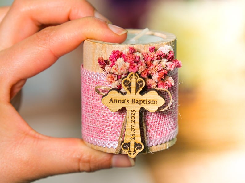 Personalized Baptism Favors – Wooden Candle Holder with Cross, Rustic Tealight –Baby Shower, Christening, First Communion, Confirmation Gift