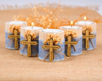 Personalized Baptism Candle Favor – Wooden Tealight Holder – Baby Shower, Confirmation, Christening Gift, Communion Favors – Memorial Candle