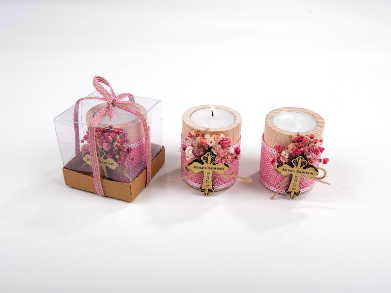 Personalized Baptism Favors – Wooden Candle Holder with Cross, Rustic Tealight –Baby Shower, Christening, First Communion, Confirmation Gift