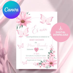 Spanish Baby Shower Invite with Flowers & Butterflies — Invitaciones Para Baby Shower Es Niña — Baby Shower Spanish Invitation Template