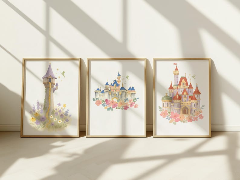 Princess Castle Nursery Art Prints, Vintage Watercolor Set of 3 ...