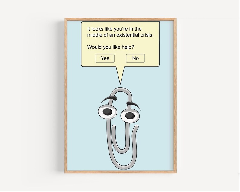 May include: A cartoon illustration of a paperclip with a face, asking "Would you like help?" with a yellow speech bubble and two buttons, "Yes" and "No".