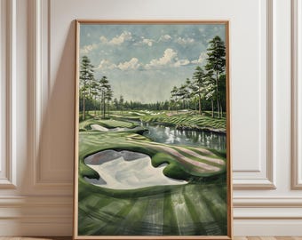 May include: A painting of a golf course with a green fairway, white sand bunkers, and a winding stream of water. The course is surrounded by tall trees and a blue sky with white clouds.