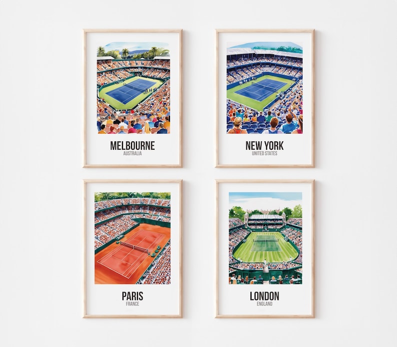 May include: Four watercolour illustrations of tennis stadiums in Melbourne, Australia, New York, United States, Paris, France, and London, England.