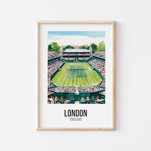 May include: A watercolour illustration of a tennis court with a green grass surface and a crowd of people watching a match. The court is surrounded by a white fence and there are trees in the background. The text "LONDON ENGLAND" is printed below the image.