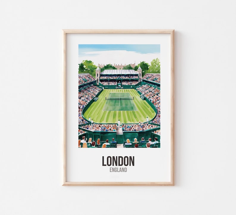 May include: A watercolour illustration of a tennis court with a green grass surface and a crowd of people watching a match. The court is surrounded by a white fence and there are trees in the background. The text "LONDON ENGLAND" is printed below the image.