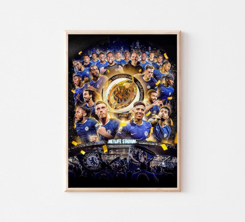 May include: A framed poster featuring a collage of soccer players in blue jerseys, celebrating a championship win. The poster includes the text "Club World Cup Champions" and "Metlife Stadium."