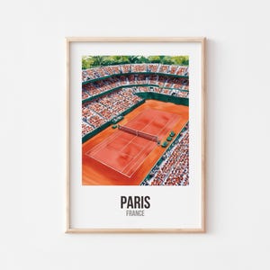 May include: A watercolour illustration of a tennis court with a crowd of spectators. The court is red clay and the stands are green. The text "PARIS FRANCE" is at the bottom of the image.