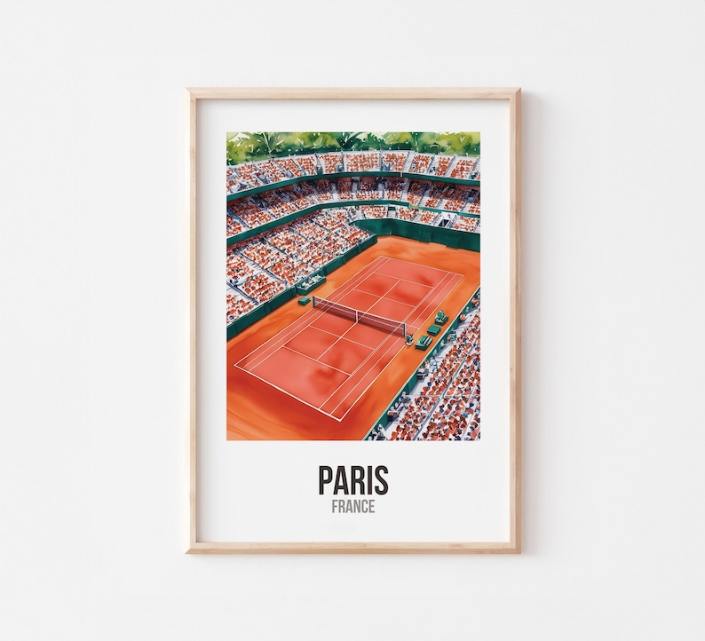 May include: A watercolour illustration of a tennis court with a crowd of spectators. The court is red clay and the stands are green. The text "PARIS FRANCE" is at the bottom of the image.