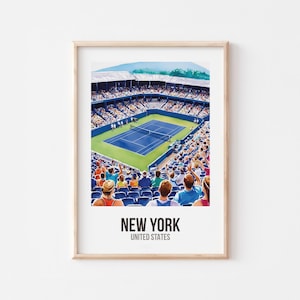 May include: A watercolour illustration of a tennis stadium in New York City, United States. The stadium is filled with spectators watching a tennis match. The court is blue and green, and the stands are filled with people.